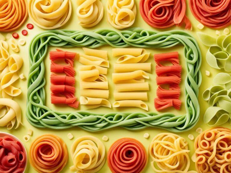Visual representation of pasta digestibility using colors and textures: shades of green and yellow indicate ease of digestion, while red represents difficulty